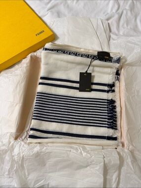 Fendi Navy and White Striped Fringe Scarf